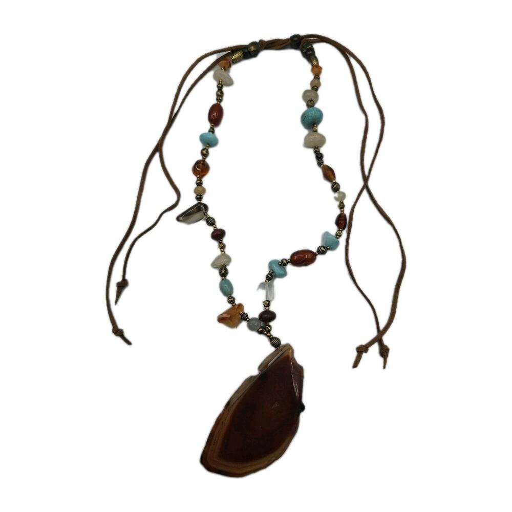 Vintage Multi Color Polished Stone Agate Bead 32” Necklace Adjustable